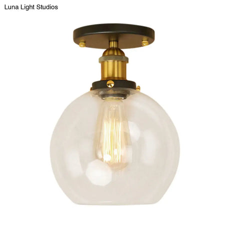 Industrial Clear Glass Spherical Balcony Ceiling Light Fixture – Black/Brass/Copper