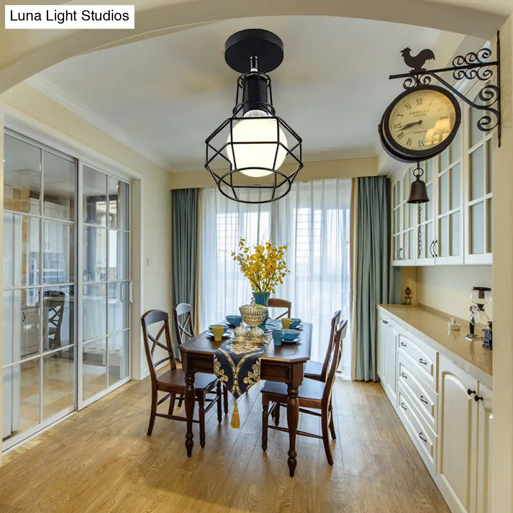 Industrial Coffee Shop Ceiling Light: Metallic Ball Semi Flush Lamp With Cage Shade - Black 1 Light