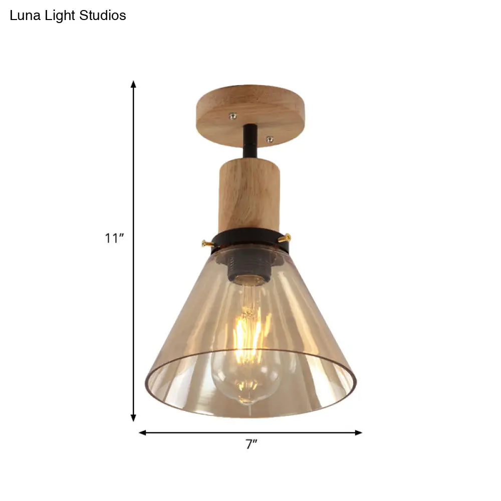 Industrial Cone Amber Glass Ceiling Light With Wood Mount For Foyer