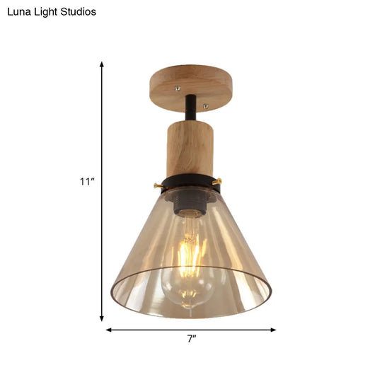 Industrial Cone Amber Glass Ceiling Light With Wood Mount For Foyer