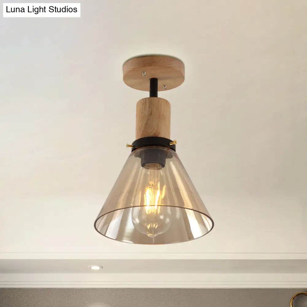 Industrial Cone Amber Glass Ceiling Light With Wood Mount For Foyer