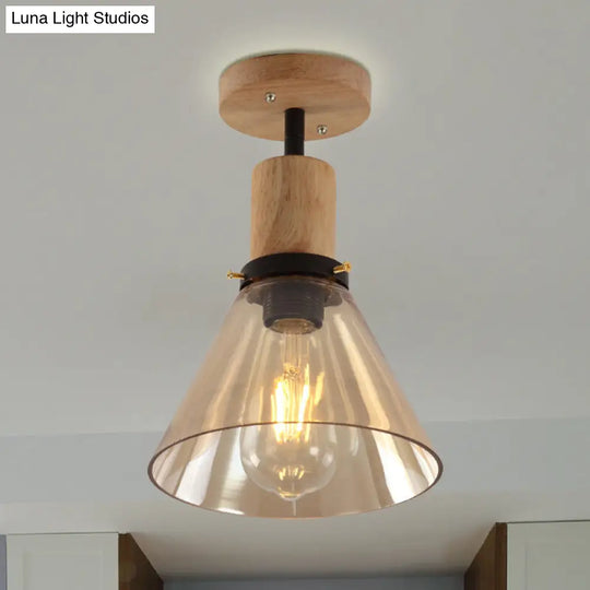 Industrial Cone Amber Glass Ceiling Light With Wood Mount For Foyer