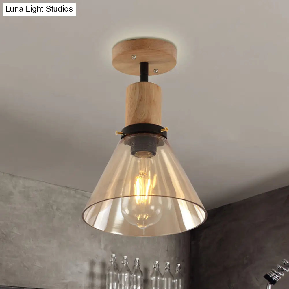 Industrial Cone Amber Glass Ceiling Light With Wood Mount For Foyer