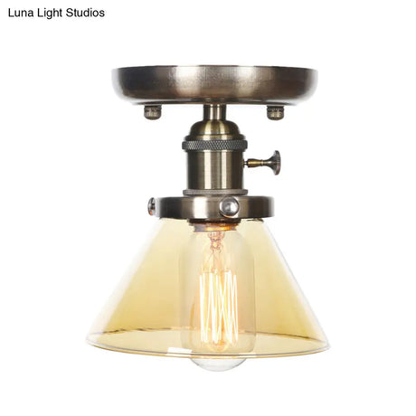 Industrial Cone/Bell/Rhombus Glass Semi Flush Mount Light - Bronze Finish