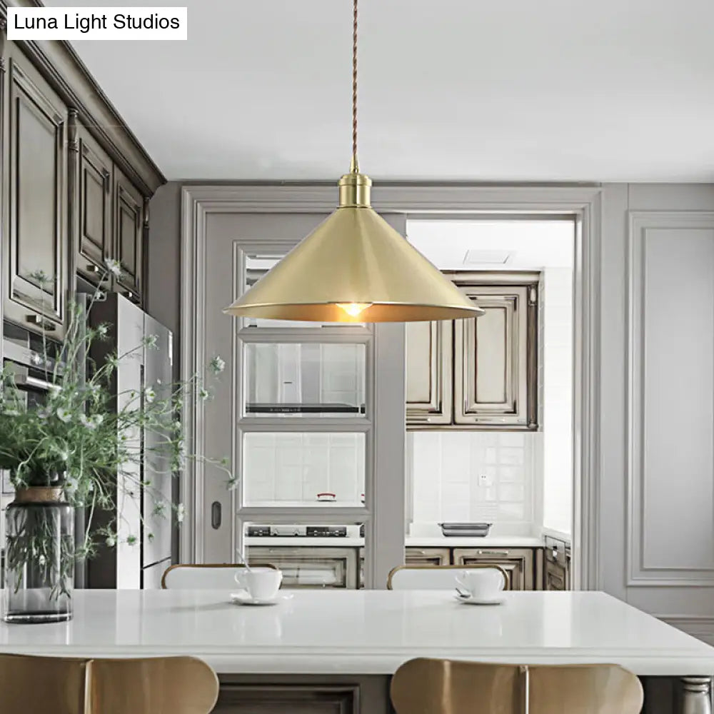 Industrial Cone Metal Hanging Light Fixture With Adjustable Brass Cord - 7’/9.5’ W Ideal For