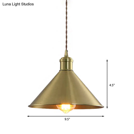 Industrial Cone Metal Hanging Light Fixture With Adjustable Brass Cord - 7’/9.5’ W Ideal For