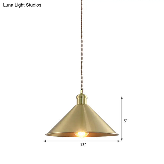 Industrial Cone Metal Hanging Light Fixture With Adjustable Brass Cord - 7’/9.5’ W Ideal For
