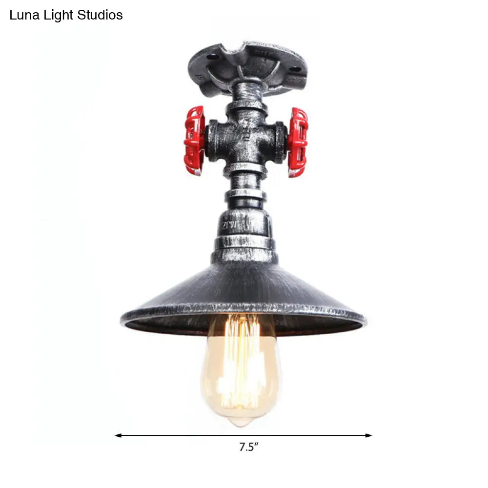 Industrial Cone Semi-Flush Ceiling Light With Red Faucet Valve In Black/Bronze For Bedroom