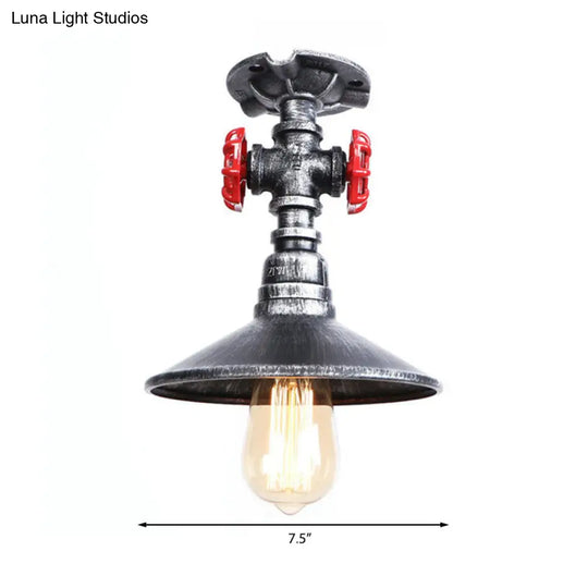 Industrial Cone Semi-Flush Ceiling Light With Red Faucet Valve In Black/Bronze For Bedroom