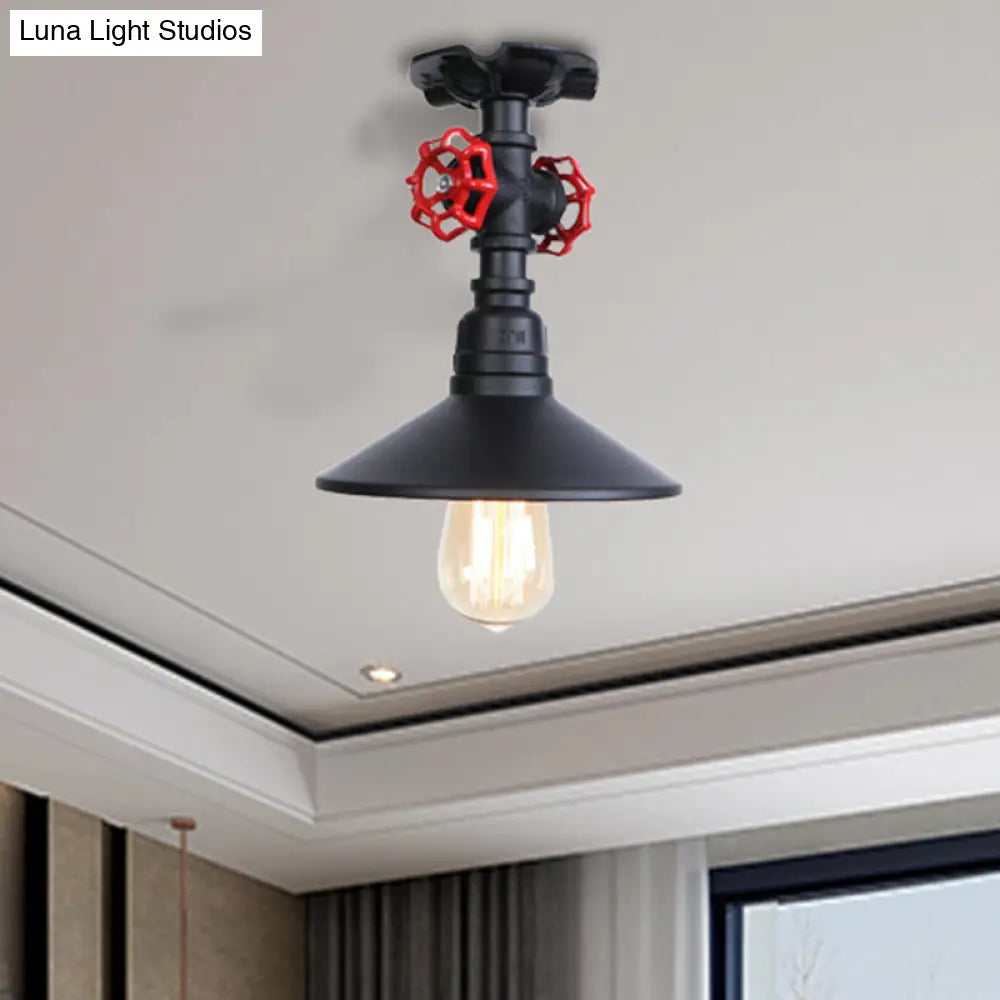 Industrial Cone Semi-Flush Ceiling Light With Red Faucet Valve In Black/Bronze For Bedroom Black