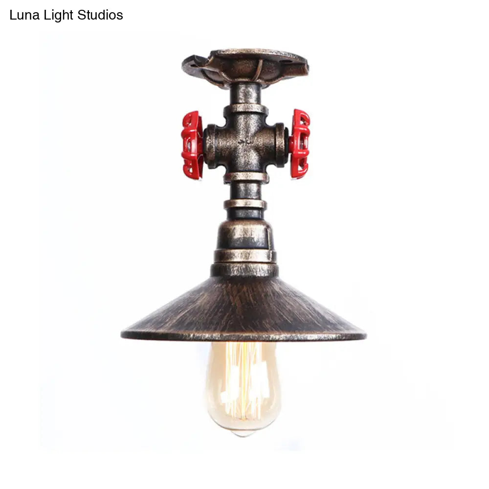 Industrial Cone Semi-Flush Ceiling Light With Red Faucet Valve In Black/Bronze For Bedroom