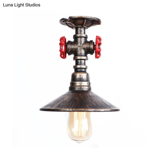 Industrial Cone Semi-Flush Ceiling Light With Red Faucet Valve In Black/Bronze For Bedroom