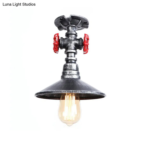 Industrial Cone Semi-Flush Ceiling Light With Red Faucet Valve In Black/Bronze For Bedroom