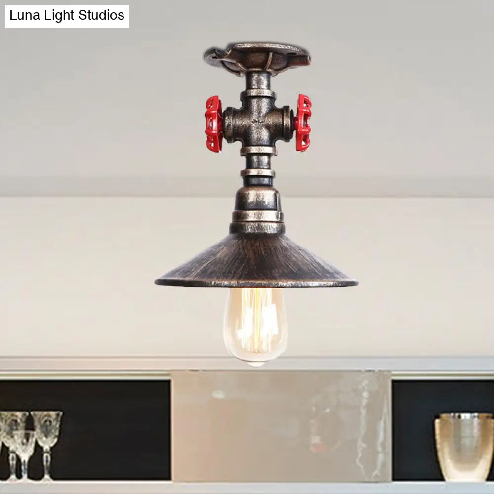 Industrial Cone Semi-Flush Ceiling Light With Red Faucet Valve In Black/Bronze For Bedroom
