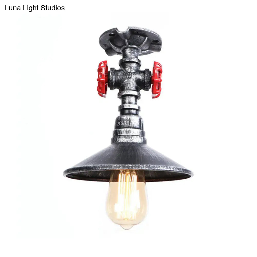 Industrial Cone Semi-Flush Ceiling Light With Red Faucet Valve In Black/Bronze For Bedroom