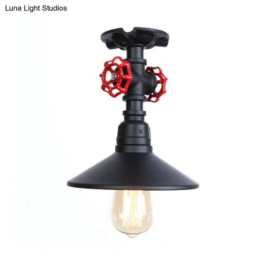 Industrial Cone Semi-Flush Ceiling Light With Red Faucet Valve In Black/Bronze For Bedroom