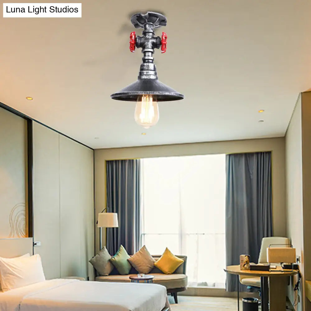 Industrial Cone Semi-Flush Ceiling Light With Red Faucet Valve In Black/Bronze For Bedroom Aged