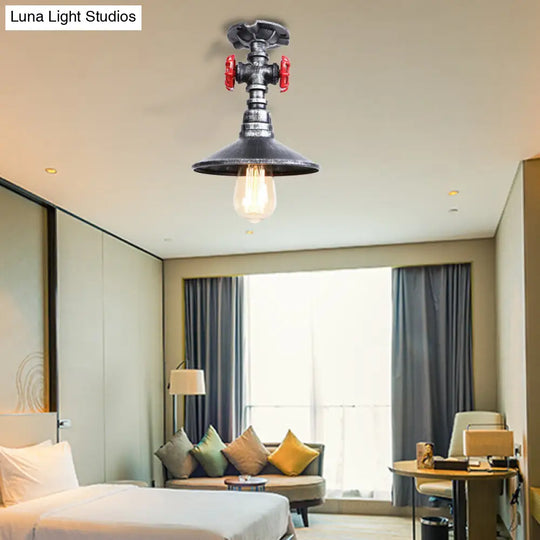 Industrial Cone Semi-Flush Ceiling Light With Red Faucet Valve In Black/Bronze For Bedroom Aged