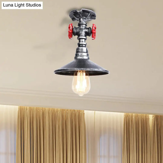 Industrial Cone Semi-Flush Ceiling Light With Red Faucet Valve In Black/Bronze For Bedroom