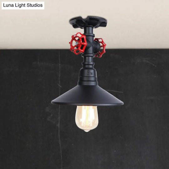 Industrial Cone Semi-Flush Ceiling Light With Red Faucet Valve In Black/Bronze For Bedroom