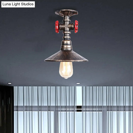 Industrial Cone Semi-Flush Ceiling Light With Red Faucet Valve In Black/Bronze For Bedroom Bronze