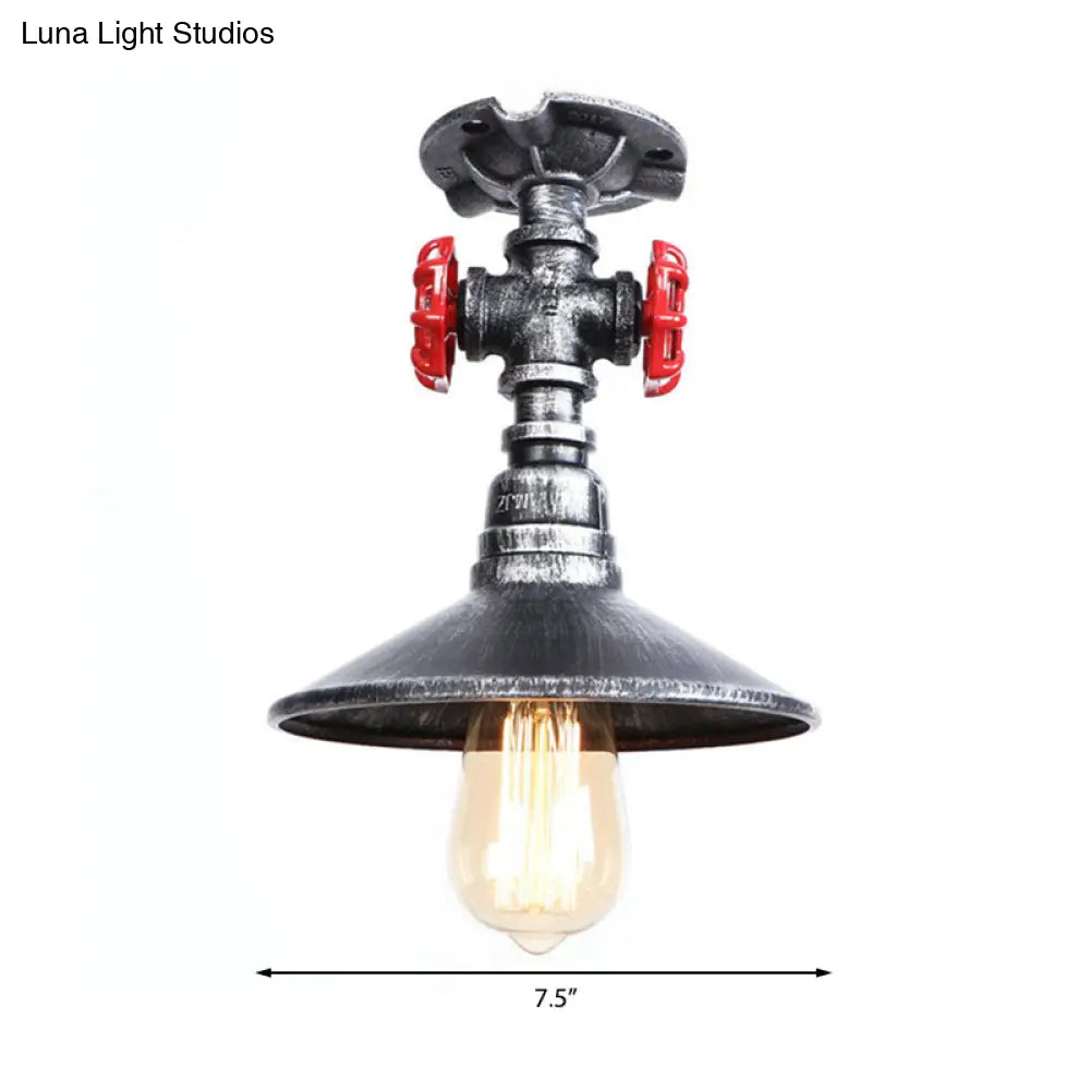 Industrial Cone Semi-Flush Ceiling Light With Red Faucet Valve In Black/Bronze For Bedroom