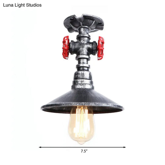 Industrial Cone Semi-Flush Ceiling Light With Red Faucet Valve In Black/Bronze For Bedroom