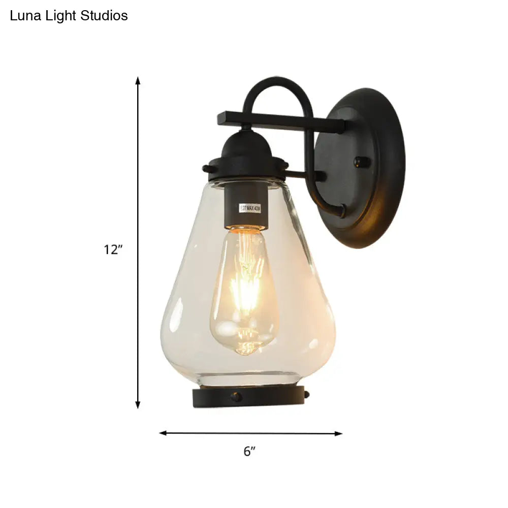 Industrial Cone Shade Porch Wall Light Fixture - Clear Glass 1 Black Sconce Lamp