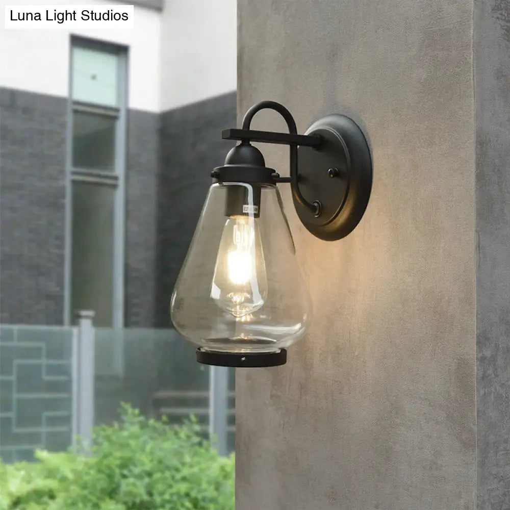 Industrial Cone Shade Porch Wall Light Fixture - Clear Glass 1 Black Sconce Lamp