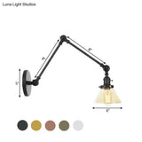 Industrial Conical Clear/Amber Glass Wall Lamp Sconce - Adjustable Arm Black/Bronze/Brass 1 Light 8