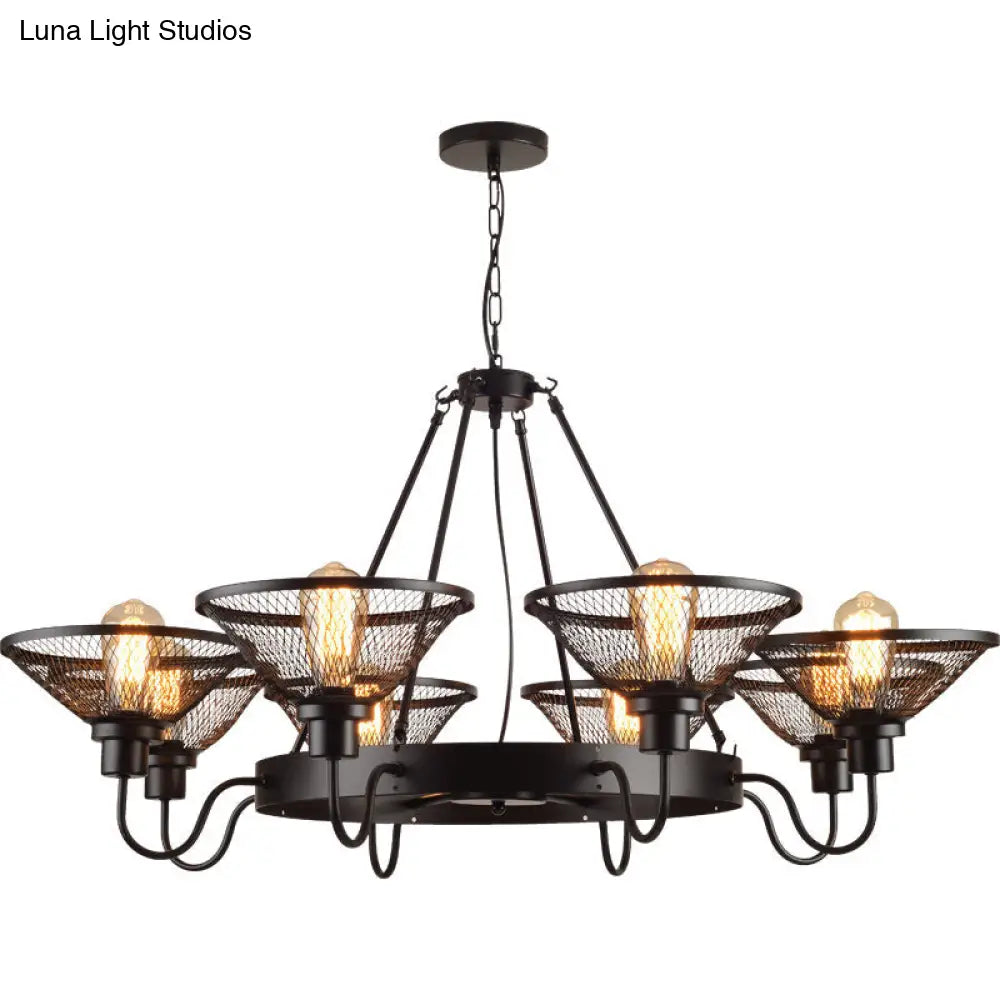 Industrial Black Conical Mesh Chandelier: Stylish Suspended Lighting For Restaurants