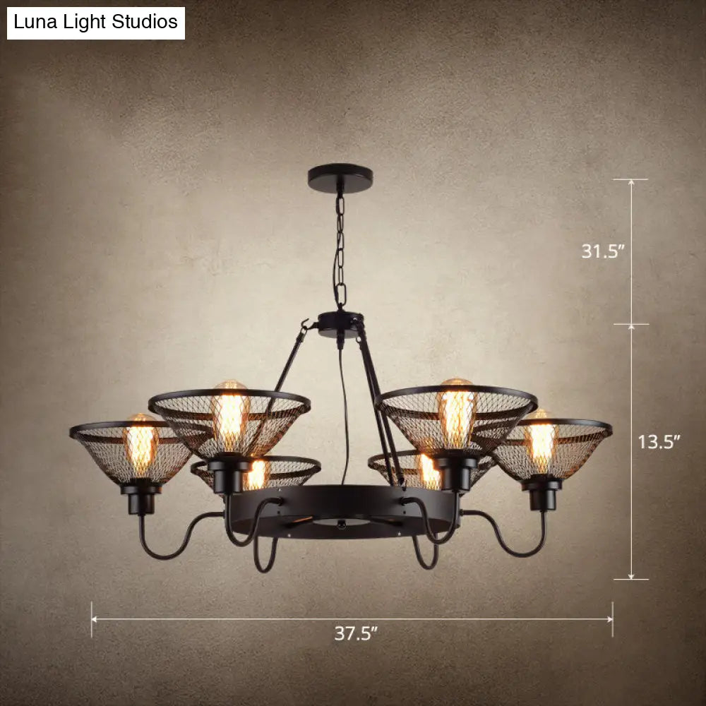 Industrial Black Conical Mesh Chandelier: Stylish Suspended Lighting For Restaurants