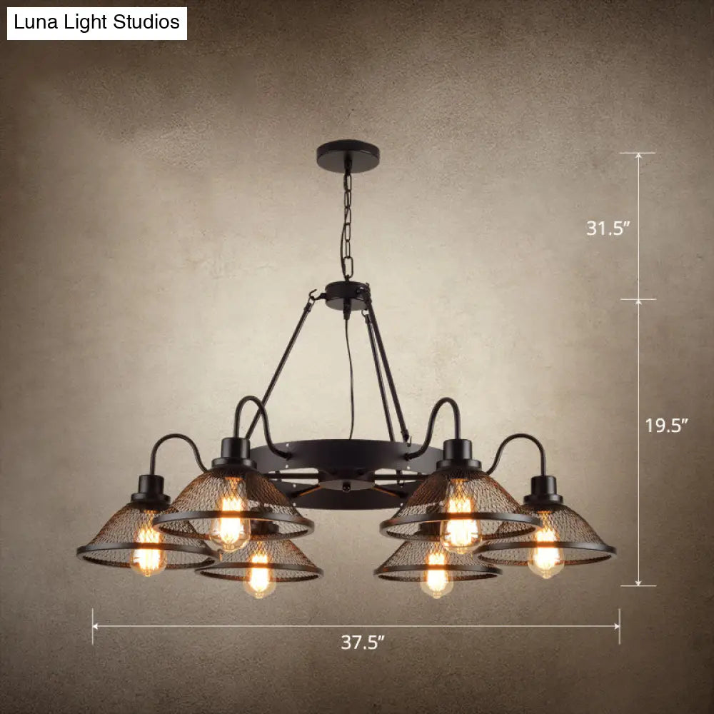Industrial Conical Mesh Chandelier - Black Metallic Suspended Lighting For Restaurants