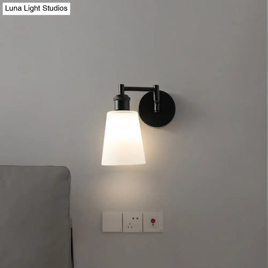 Industrial Conical Milky Glass Sconce: 1-Light Black Wall Lighting For Living Room