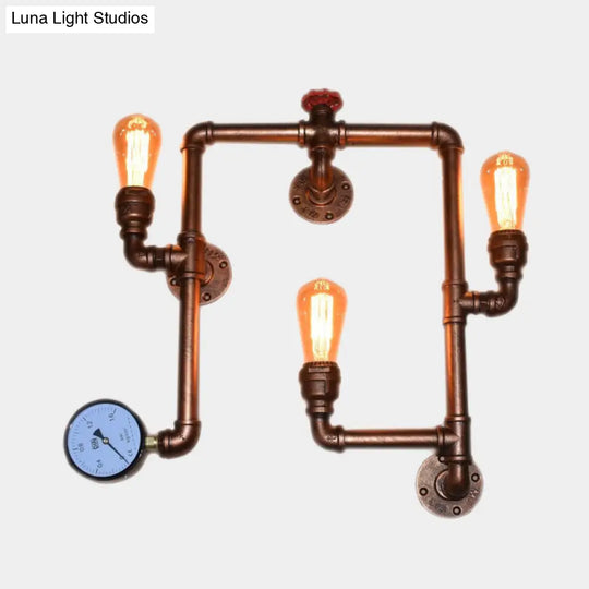 Industrial Copper Finish 3-Head Iron Sconce Light - Twisted Living Room Wall Mount Pipe Lamp With