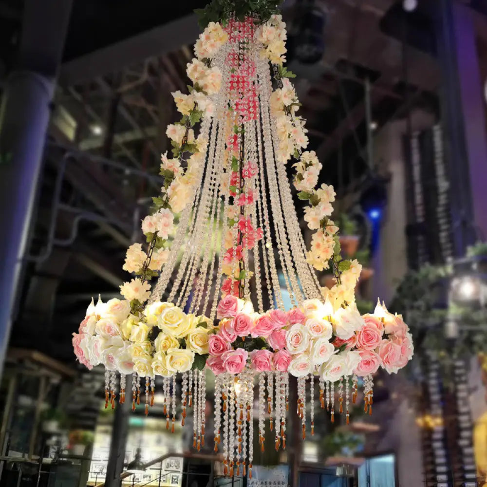 Industrial Crystal Raindrop Chandelier With Flower Accent - White Finish 10 Heads