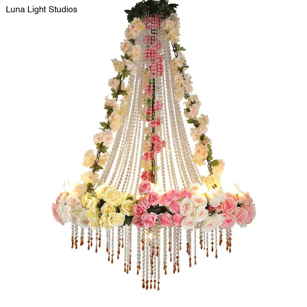 Industrial Crystal Raindrop Chandelier With Flower Accent - White Finish 10 Heads