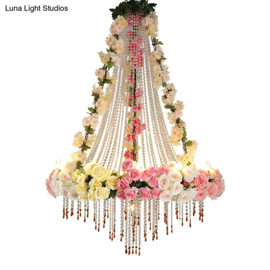 Industrial Crystal Raindrop Chandelier With Flower Accent - White Finish 10 Heads