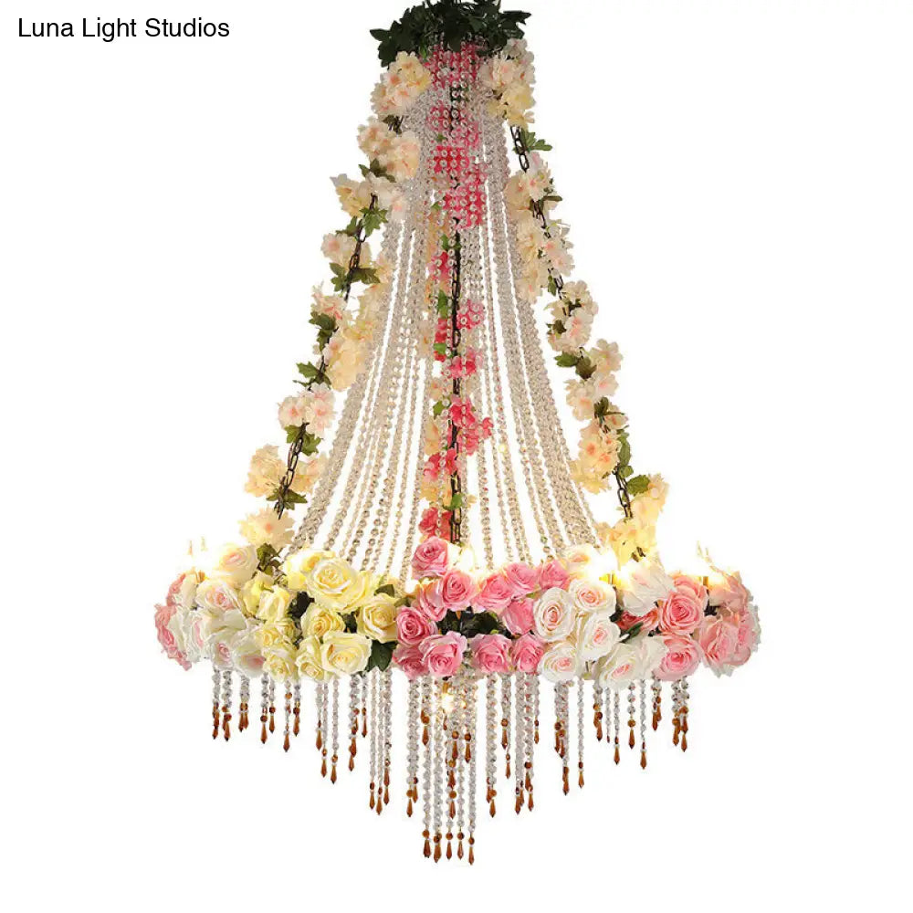 White Industrial Crystal Raindrop Ceiling Lamp With 10 Hanging Chandelier Heads And Flower