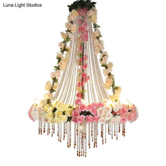 White Industrial Crystal Raindrop Ceiling Lamp With 10 Hanging Chandelier Heads And Flower
