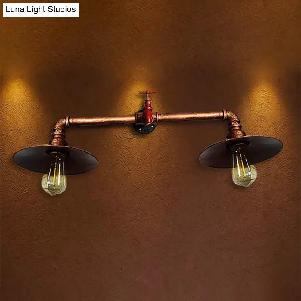Industrial Dark Rust Metallic Sconce Wall Light With Water Tap - 2 Bulbs Flat Shade Perfect For