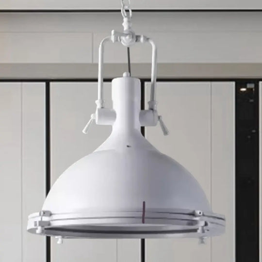 Industrial Dome Hanging Lamp With Frosted Diffuser 1 Light Metal Ceiling In Black/White/Purple For