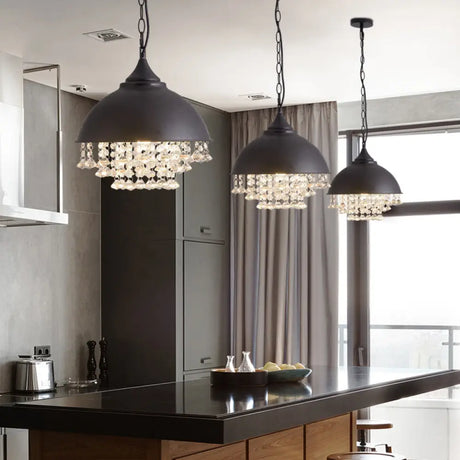 Industrial Dome Pendant Light With Crystal Bead Black/Chrome Metal Hanging Fixture Black