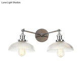 Industrial Domed Ribbed Glass Wall Light With Bronze/Brass/Copper Finish - 2-Light Sconce Lamp For
