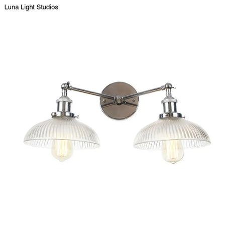 Industrial Domed Ribbed Glass Wall Light With Bronze/Brass/Copper Finish - 2-Light Sconce Lamp For