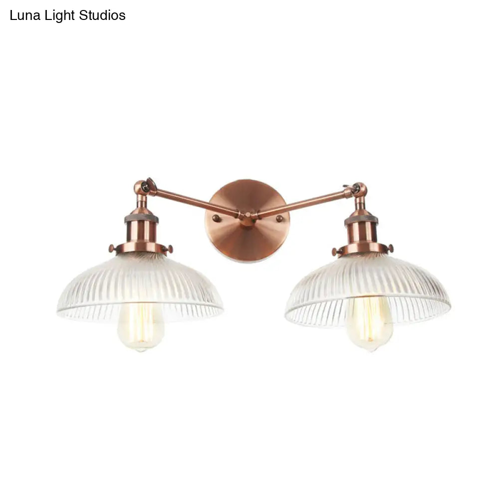 Industrial Domed Ribbed Glass Wall Light With Bronze/Brass/Copper Finish - 2-Light Sconce Lamp For