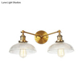 Industrial Domed Ribbed Glass Wall Light With Bronze/Brass/Copper Finish - 2-Light Sconce Lamp For