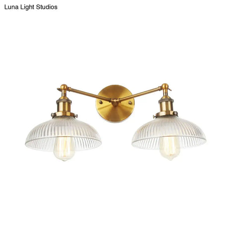 Industrial Domed Ribbed Glass Wall Light With Bronze/Brass/Copper Finish - 2-Light Sconce Lamp For