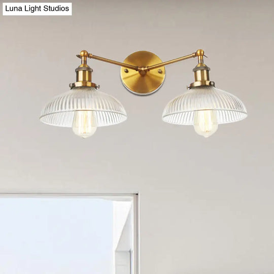 Industrial Domed Ribbed Glass Wall Light With Bronze/Brass/Copper Finish - 2-Light Sconce Lamp For