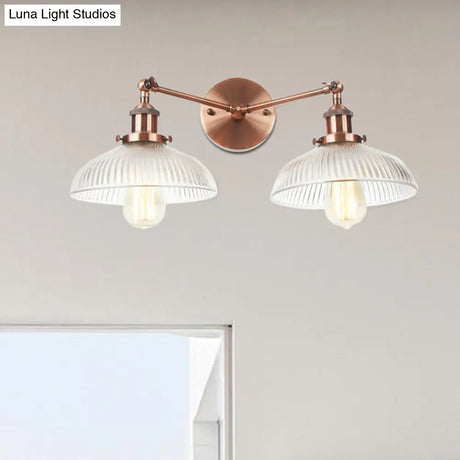 Industrial Domed Ribbed Glass Wall Light With Bronze/Brass/Copper Finish - 2-Light Sconce Lamp For